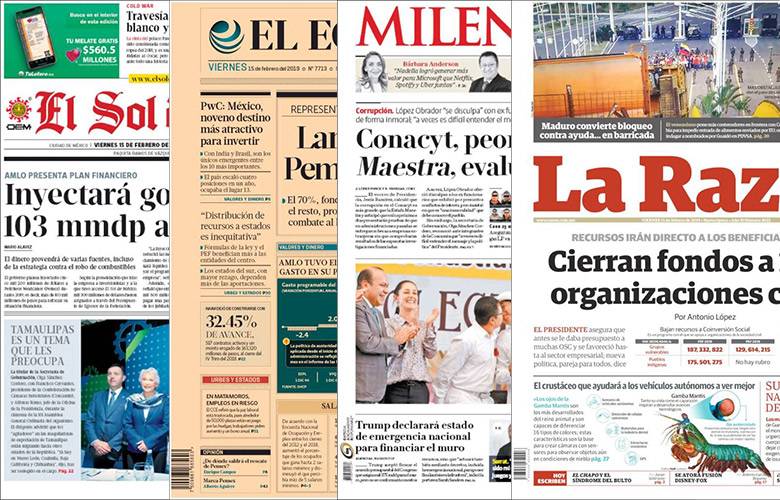 Diarios de México y sus portadas  del 15  de Febrero 2019