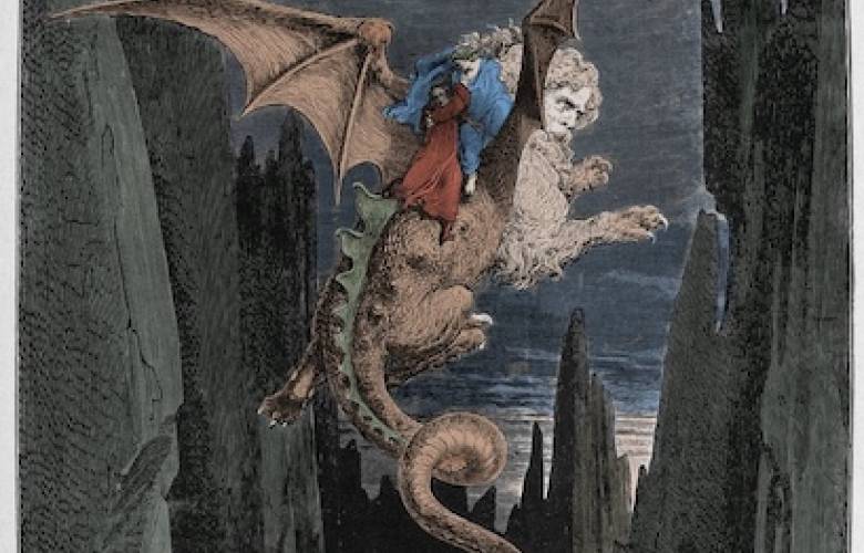 Dante y Virgilio siendo transportados sobre la espalda del monstruo Gerión.