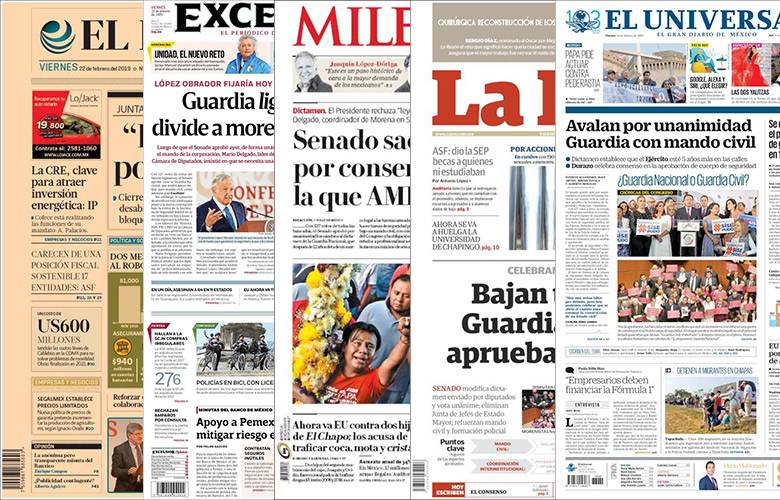 Diarios de México y sus portadas  del 22 de Febrero 2019